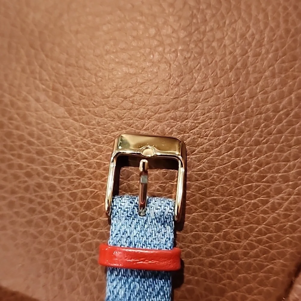 Anne Klein Gold Watch with Denim Blue And Red Strap Ladies Watch